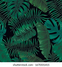 Vector seamless pattern in tropical style on a black background. Green tropical leaves. Wallpaper with rainforest. Exotic background