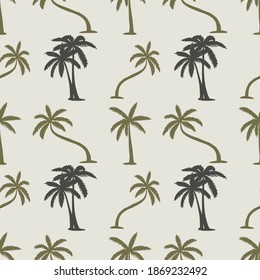 Vector seamless pattern with tropical trees, palms of different types. Palm trees on a gray background.