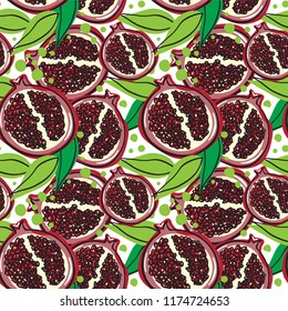 Vector seamless pattern. Tropical, urban jungle style design. Leaves and fruits of ripe pomegranate on white background.  Abstract hand drawing style. Background for wallpaper, paper, decor and more