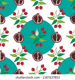 Vector seamless pattern. Tropical, urban jungle style design. Leaves and fruits of ripe pomegranate on white background.  Abstract hand drawing style. Background for wallpaper, paper, decor and more