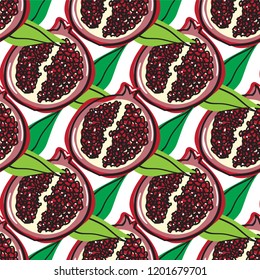 Vector seamless pattern. Tropical, urban jungle style design. Leaves and fruits of ripe pomegranate on white background.  Abstract hand drawing style. Background for wallpaper, paper, decor and more
