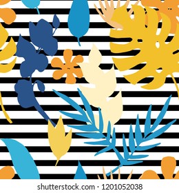 Vector seamless pattern with tropical,exotic plants,flovers.leaves,palm,monstera brunch on a striped background.Abstract endless texture  with plants.