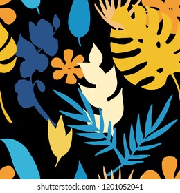 Vector seamless pattern with tropical,exotic plants,flovers.leaves,palm,monstera brunch on a black background.Abstract colorful endless texture  with plants.