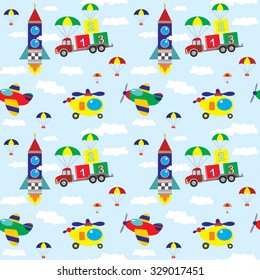 Vector seamless pattern with the truck, helicopters, rocet, aircraft, cubes, clouds on a blue sky background