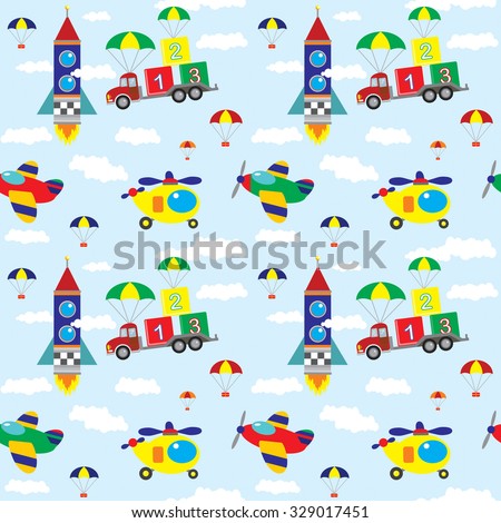 Vector seamless pattern with the truck, helicopters, rocet, aircraft, cubes, clouds on a blue sky background