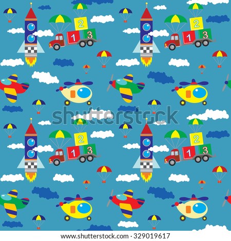 Vector seamless pattern with the truck, helicopters, rocket, aircraft, cubes, clouds on a dark blue background