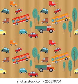 Vector seamless pattern trucks, buses, cars, trees in retro style on a brown  background with  strips.
