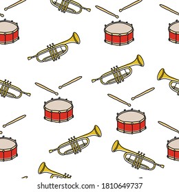 Vector seamless pattern with trumpets and drums on white background. Hand drawn vector illustration. Good for fabric print, wrapping paper, wallpapers, cards.