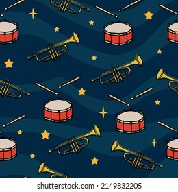 Vector seamless pattern with trumpets, drums and stars on deep blue background. Hand drawn vector illustration. Good for fabric print, wrapping paper, wallpapers, cards.