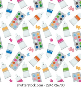Vector seamless pattern with tubes and box of paints. Illustration in cartoon style isolated on white background for textile and paper. School, study, hobby