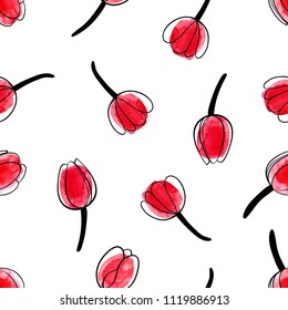 
Vector seamless pattern with  tulip flowers on a watercolor  dab.  Hand-drawn  illustration.