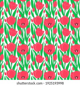 Vector seamless pattern of tulip flowers. Spring background for textile or paper gift.