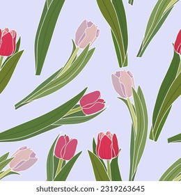 Vector seamless pattern with tulip flowers. Spring floral background, wallpaper.