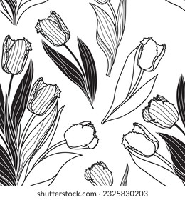 Vector seamless pattern with tulip flowers. Spring floral background, wallpaper, textile design in black and white colors.