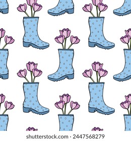 Vector seamless pattern with tulip flowers in rubber rain boots. Hand drawn doodle cute bright texture, backdrop for wrapping paper, textile. Topic of spring, gardening, blooming nature