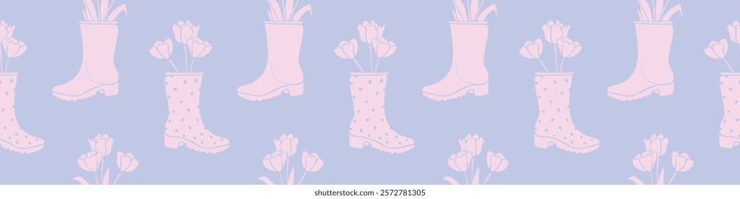 Vector seamless pattern with tulip flowers in rubber rain boots. Cute texture, backdrop for wrapping paper, textile. Topic of spring, gardening, blooming nature