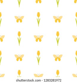 Vector seamless pattern with tulips and butterflies. Seamless pattern.