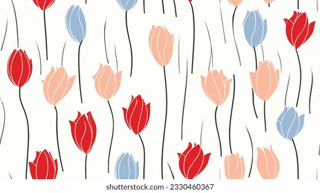 vector seamless pattern of tulips created in minimalist line art style. design uses harmonious triadic solid pastel color scheme set against clean white background