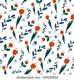 Vector seamless pattern with tulips. Floral background with red flowers. The elegant template for prints.