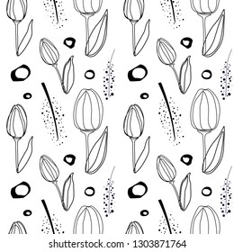 Vector seamless pattern with tulips, leaves and graphic elements. In black color on a white background.