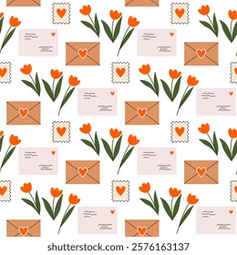 Vector seamless pattern with tulips, love letters, hearts. Valentines's Day repeated background, love mail