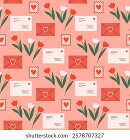 Vector seamless pattern with tulips, love letters, hearts. Valentines's Day repeated background, love mail