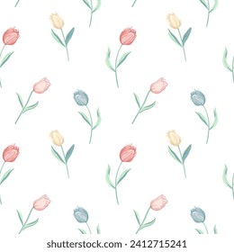 Vector seamless pattern with tulips. Spring backgrounds in pastel colors. Romantic flower pattern hand drawn. 