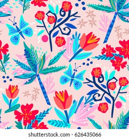 Vector seamless pattern of tulips and tropical flowers.