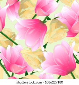 Vector seamless pattern with tulips and watercolor rose flowers. Modern floral pattern for textile, wallpaper, print, gift wrap scrapbooking decoupage, greeting or wedding background.
