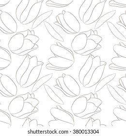 Vector seamless pattern with tulips.Coloring book for children and adults. A template for coloring. Henna Doodle Seamless white Background