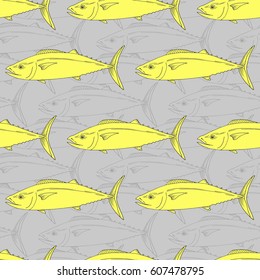 Vector seamless pattern with tuna fish hand drawn illustration. Ink outlines sketch with marine animals swimming in the ocean