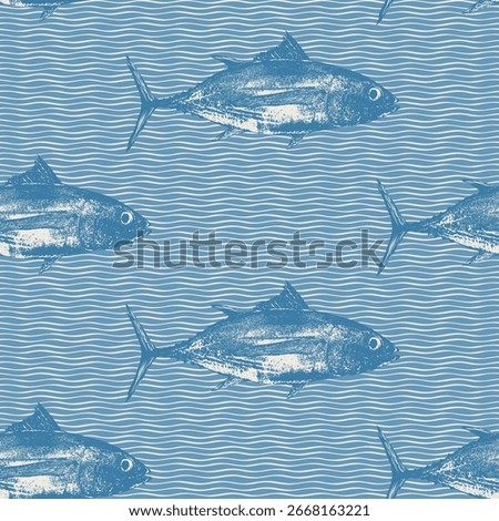 Vector seamless pattern with tuna and waves on marine animals theme and ocean life. Logo, menu for restaurant, cafe. Signboard for fish store. Print, fabric, textile. Wallpaper, T-shirt, tile. 