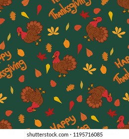 Vector seamless pattern with turkey and autumn leaves. Thanksgiving Day holiday pattern.