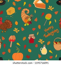 Vector seamless pattern with turkey, cornucopia, wicker basket, caramel apples, pumpkin pie, corn cake, bottle of juice, jar of jam, pupmkin and autumn leaves. Thanksgiving Day festive pattern.