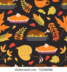 Vector seamless pattern with turkey, pumpkin pie and autumn foliage on background.  Perfect for holiday invitations. Thaksgiving day.