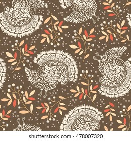 Vector seamless pattern with turkeys. Thanksgiving background