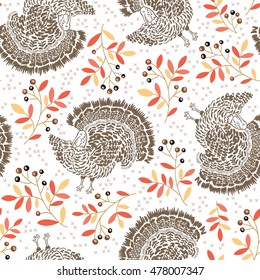 Vector seamless pattern with turkeys. Thanksgiving background