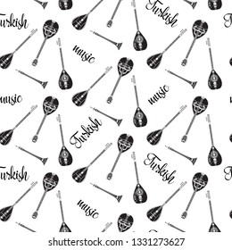 Vector seamless pattern with turkish musical instruments baglama, zurna, electric baglama and bouzouki. Music background, wallpaper, fabric, wrapping paper in black and white colors.