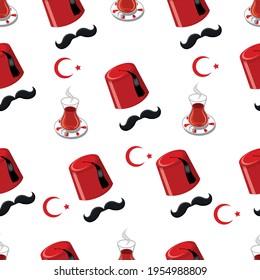 Vector Seamless Pattern Turkish traditional hat with Mustache seamless pattern Turkish Fez traditional seamless pattern Headdress with tassel vector Can be used for wallpaper Wrapping Paper or else.