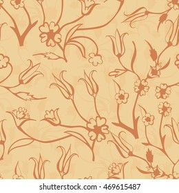 Vector seamless pattern with turkish tulips and eastern ornament in ottoman style. Brown hand drawn flowers on beige backdrop. Repeating background for print, wrapping paper, fabric and other design