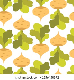 Vector seamless pattern with turnips. Yellow vegetables with green leaves for packaging design, textile, background, design for greeting card and poster.