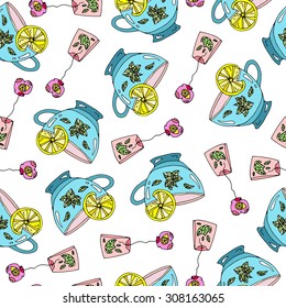 Vector seamless pattern. Turquoise mug of tea with lemon and lemon slice. Colorful tea bag with the flavor of lemon and mint on a white background