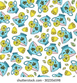 vector seamless pattern,  turquoise mugs of tea with lemon on a white background