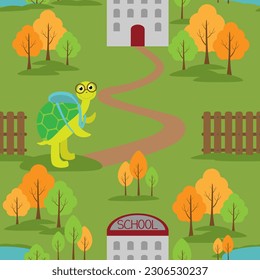 Vector seamless pattern with turtle cartoon character going to school in autumn season. Back to school background