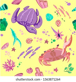 Vector seamless pattern with turtle and Crab. Underwater world, coral reef for children textile, wrapping paper, clothes, websites