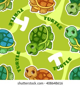 Vector seamless pattern with turtle. Funny background with animals for kids.