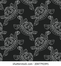 Vector seamless pattern with turtles on black background. The pattern has been added to the swatches palette.