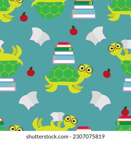 Vector seamless pattern with turtles reading books in cartoon style. Back to school print template