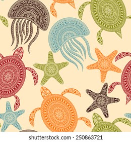 Vector Seamless Pattern with turtles, starfishes, and jellyfishes, seamless pattern in swatch menu