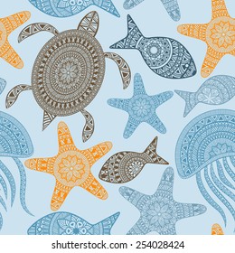 Vector Seamless Pattern with turtles, starfishes, and jellyfishes, seamless pattern in swatch menu